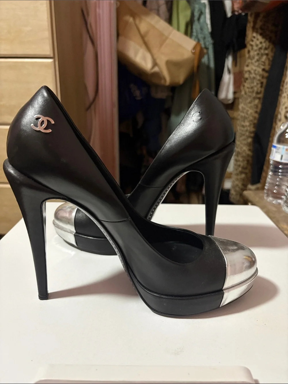 CHANEL black leather